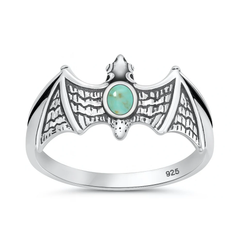 Sterling Silver Oxidized And Polished Bat Genuine Turquoise Stone Ring