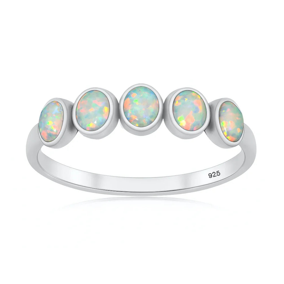 Sterling Silver Oxidized And Polished Five Stone White Lab Opal Ring