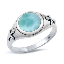 Load image into Gallery viewer, Sterling Silver Oxidized And Polished Medieval Cross Larimar Stone Ring
