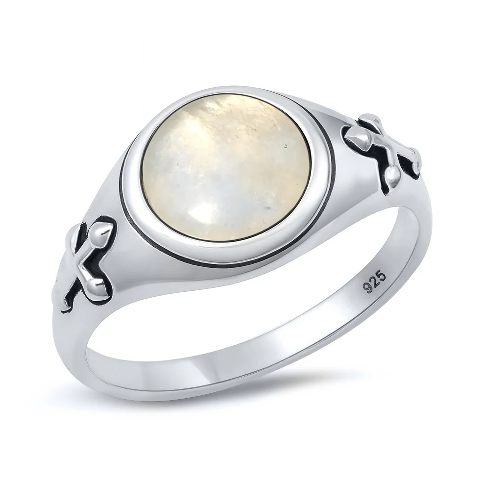 Sterling Silver Oxidized And Polished Medieval Cross Moonstone Ring