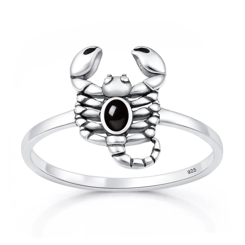Sterling Silver Oxidized And Polished Scorpion Black Agate Stone Ring