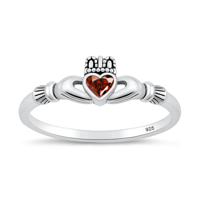 Sterling Silver Oxidized And Polished Garnet CZ Claddagh Ring