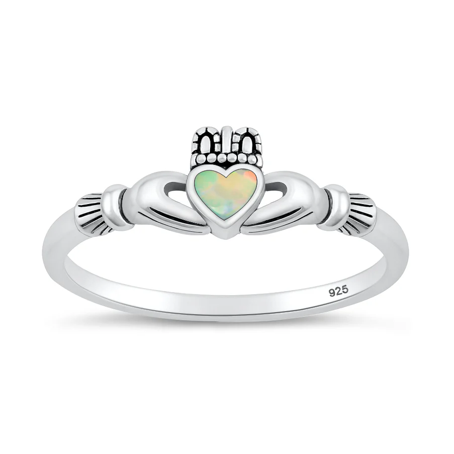 Sterling Silver Oxidized And Polished Claddagh White Lab Opal Ring