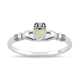 Sterling Silver Oxidized And Polished Claddagh White Lab Opal Ring