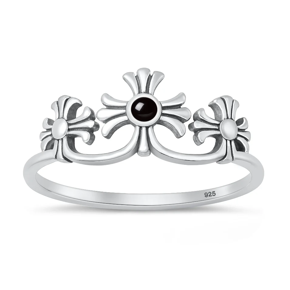 Sterling Silver Oxidized And Polished Crosses Black Onyx Stone Ring