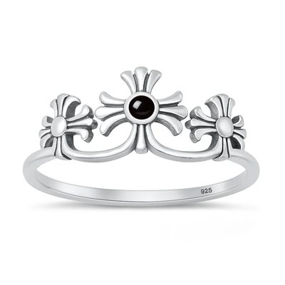Sterling Silver Oxidized And Polished Crosses Black Onyx Stone Ring