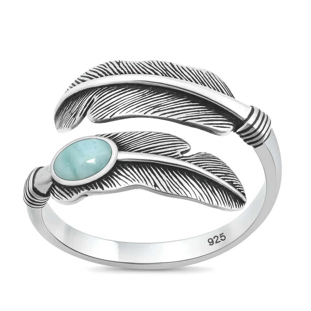 Sterling Silver Oxidized And Polished Feather Larimar Stone Ring Face Height-13.6mm