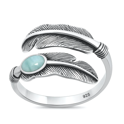 Sterling Silver Oxidized And Polished Feather Larimar Stone Ring Face Height-13.6mm