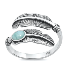 Sterling Silver Oxidized And Polished Feather Larimar Stone Ring Face Height-13.6mm