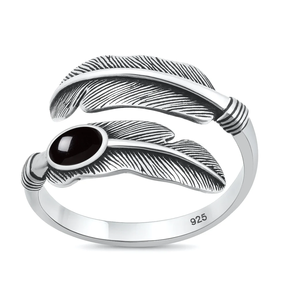 Sterling Silver Oxidized And Polished Feather Black Agate Stone Ring