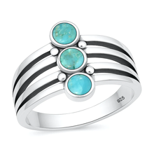 Load image into Gallery viewer, Sterling Silver Oxidized And Polished Lines With Circles Genuine Turquoise Stone Ring