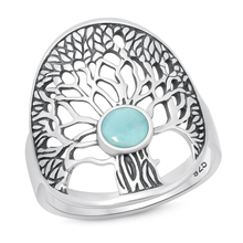 Load image into Gallery viewer, Sterling Silver Oxidized And Polished Tree Of Life Larimar Stone Ring