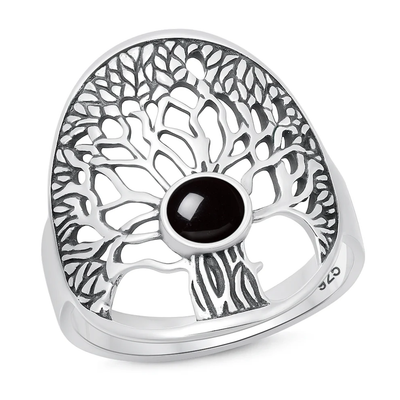 Sterling Silver Oxidized And Polished Black Agate Stone Tree Of Life Ring