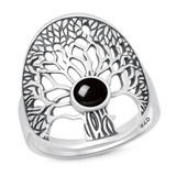 Sterling Silver Oxidized And Polished Black Agate Stone Tree Of Life Ring