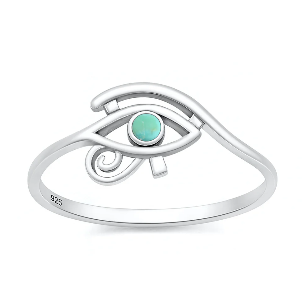 Sterling Silver Oxidized And Polished Eye Of Horus Genuine Turquoise Stone Ring