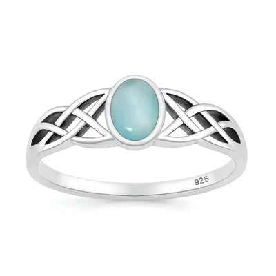 Sterling Silver Oxidized And Polished Celtic Knots Larimar Stone Ring