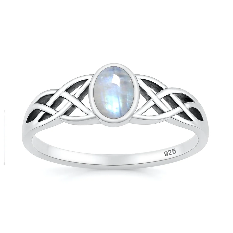 Sterling Silver Oxidized And Polished Celtic Moonstone Stone Ring