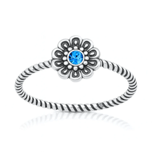 Load image into Gallery viewer, Sterling Silver Oxidized And Polished Blue Topaz CZ Flower Ring