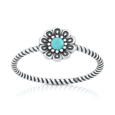 Sterling Silver Oxidized And Polished Flower Genuine Turquoise Stone Ring