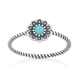 Sterling Silver Oxidized And Polished Flower Genuine Turquoise Stone Ring