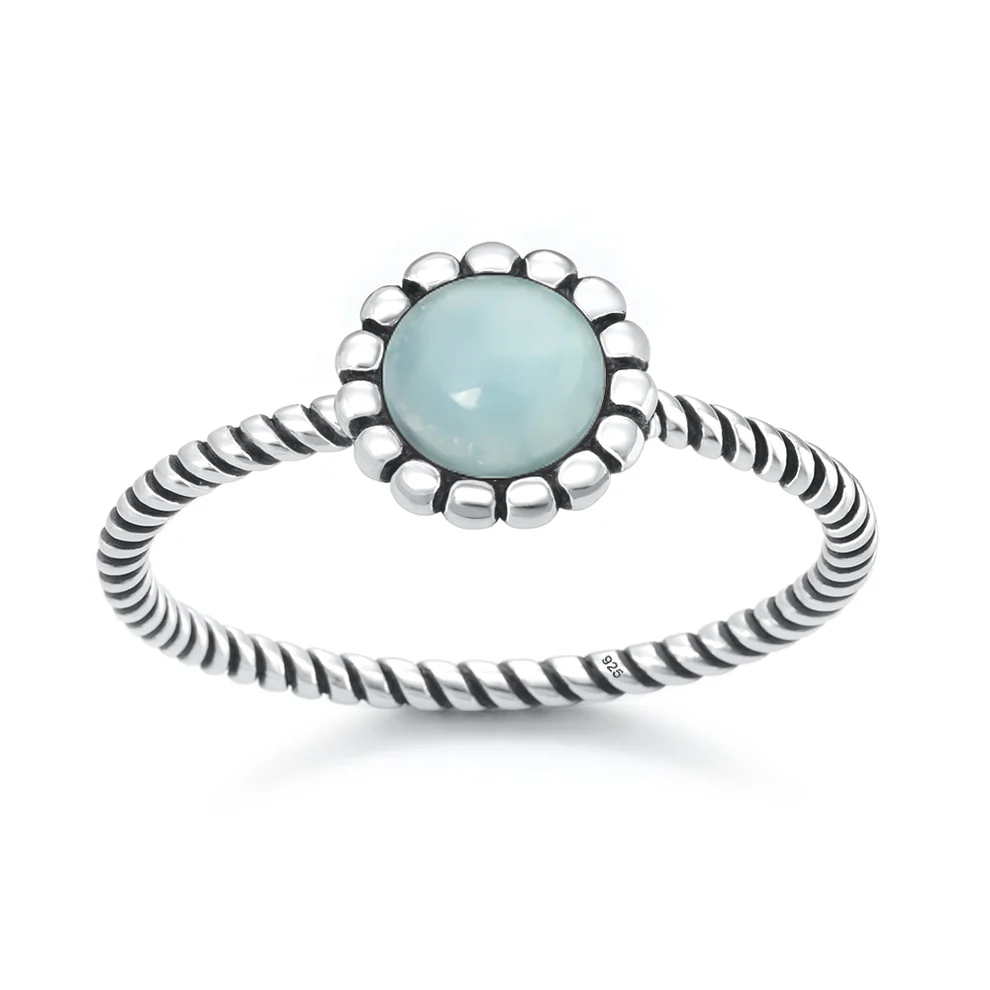 Sterling Silver Oxidized And Polished Flower Larimar Stone Ring