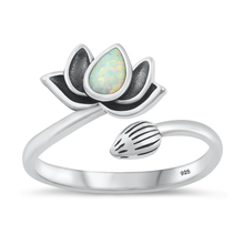 Load image into Gallery viewer, Sterling Silver Oxidized Lotus White Lab Opal Ring