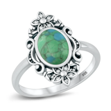 Sterling Silver Oxidized Flowers Genuine Turquoise And Clear CZ Stone Ring
