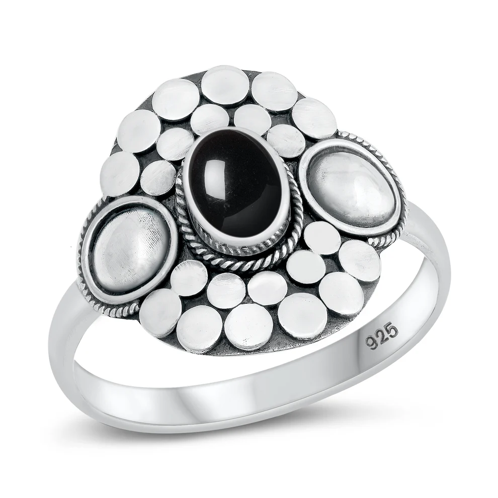 Sterling Silver Oxidized Oval Black Agate Bali Style Stone Ring