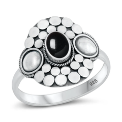 Sterling Silver Oxidized Oval Black Agate Bali Style Stone Ring
