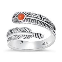 Load image into Gallery viewer, Sterling Silver Oxidized Feather Red Coral Stone Ring