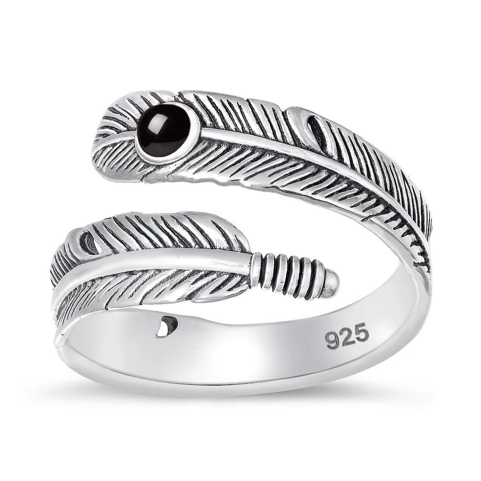 Sterling Silver Oxidized Feather Black Agate Ring