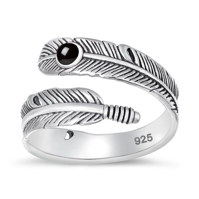 Sterling Silver Oxidized Feather Black Agate Ring