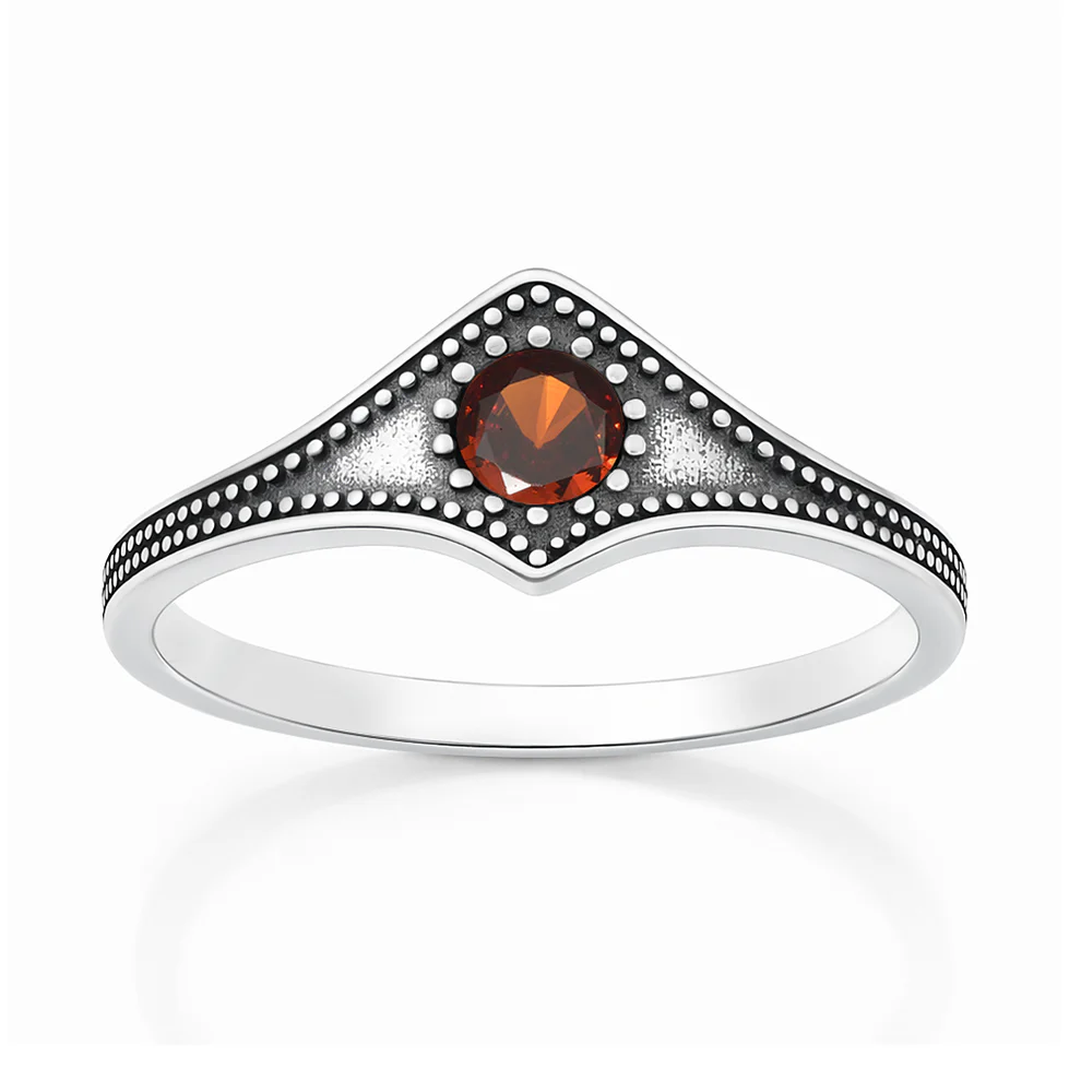 Sterling Silver Oxidized And Polished Garnet CZ Ring
