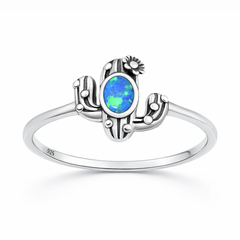 Sterling Silver Oxidized And Polished Cactus Blue Lab Opal Ring