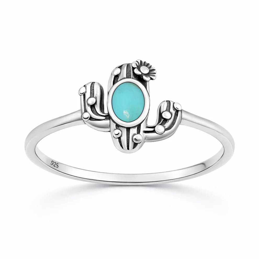 Sterling Silver Oxidized And Polished Cactus Turquoise Stone Ring