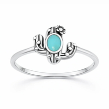 Load image into Gallery viewer, Sterling Silver Oxidized And Polished Cactus Turquoise Stone Ring