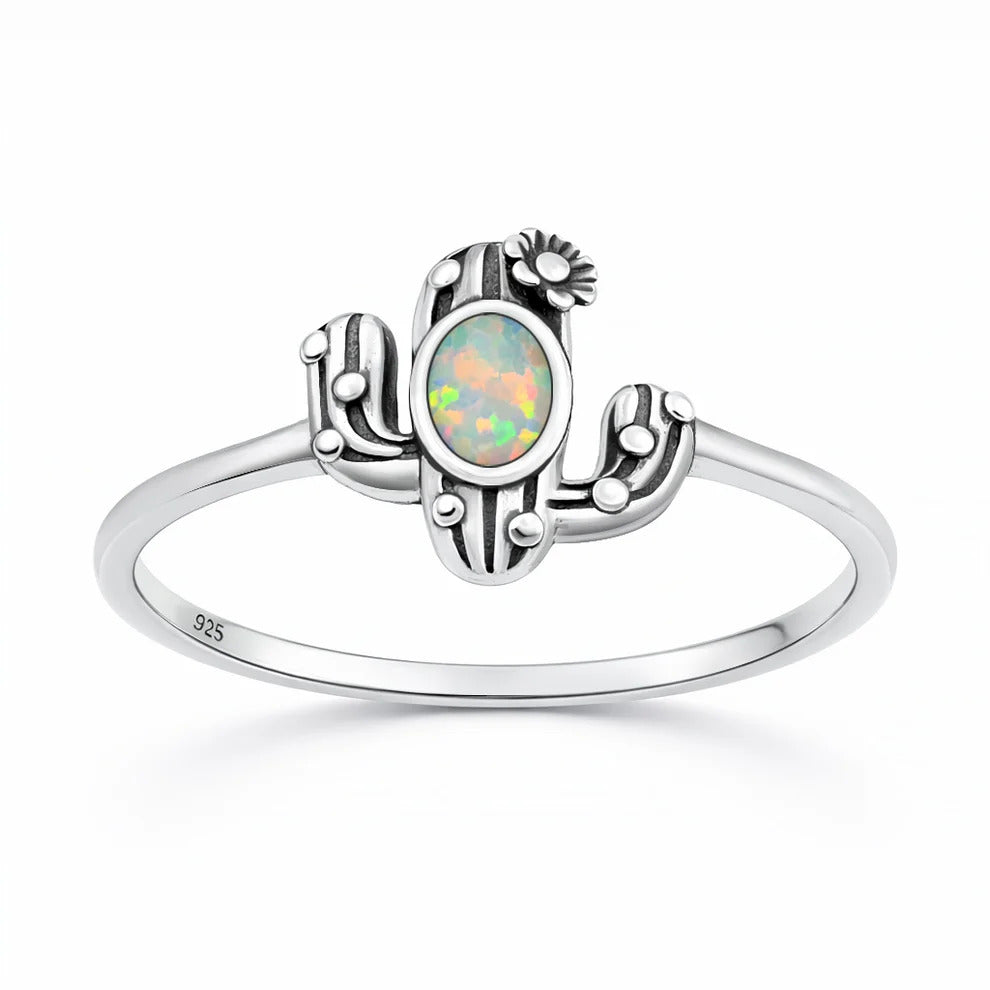 Sterling Silver Oxidized And Polished White Lab Opal Cactus Ring
