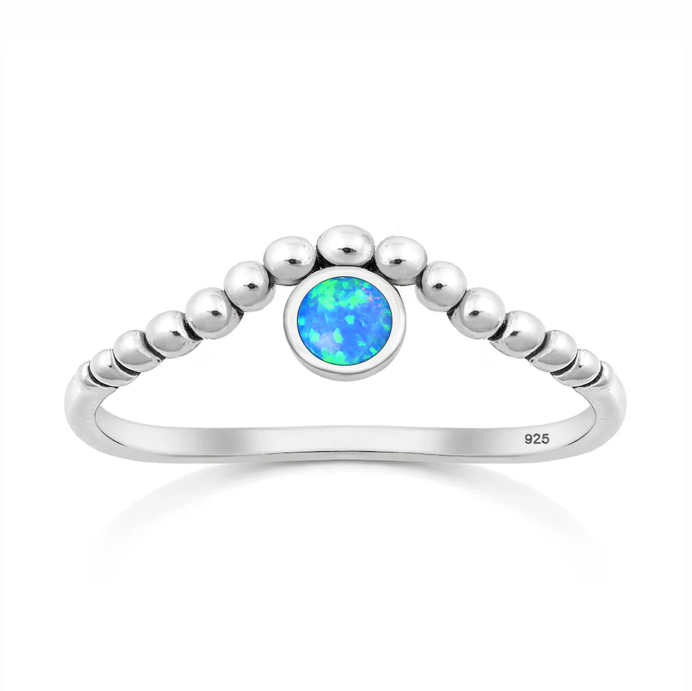 Sterling Silver Oxidized And Polished Bead Design Blue Lab Opal Ring