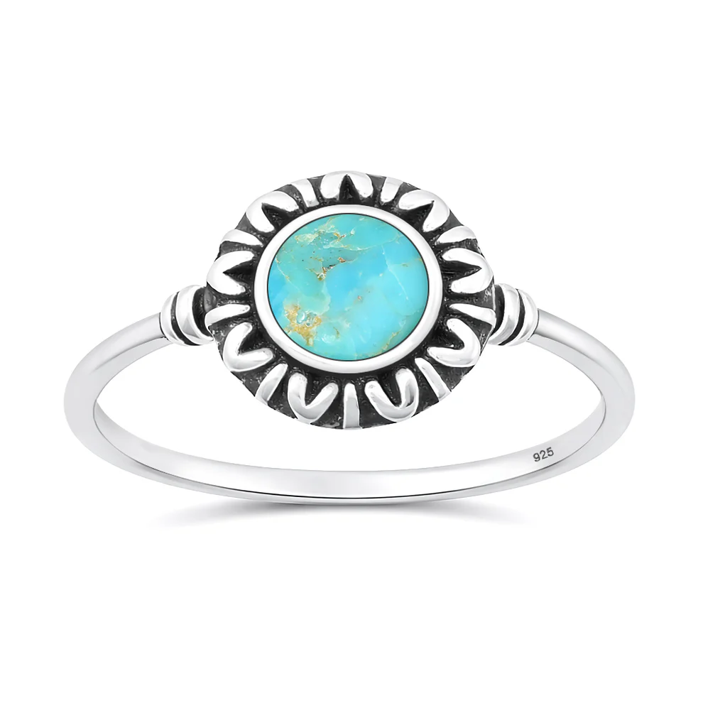 Sterling Silver Oxidized And Polished Turquoise Stone Sunburst Ring