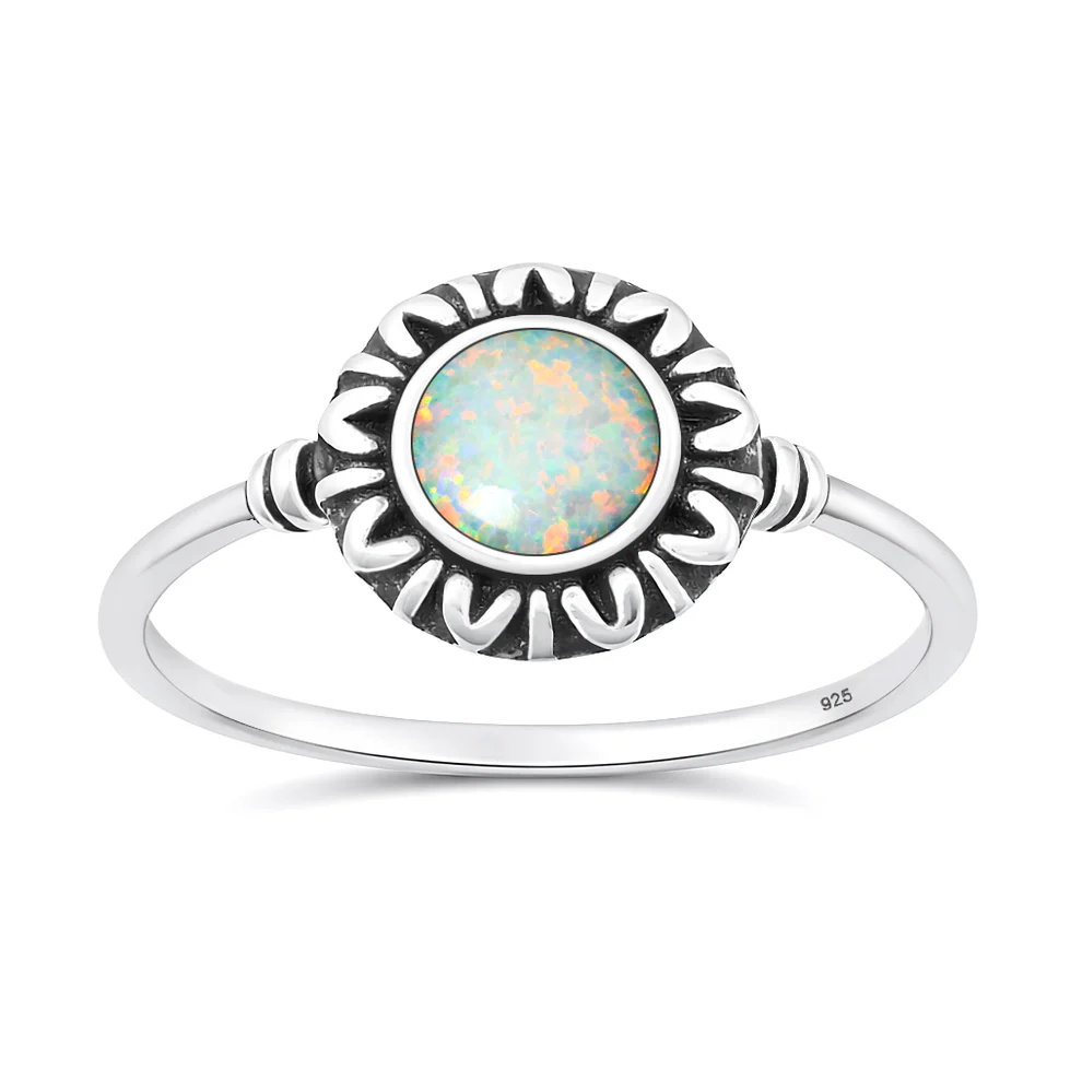 Sterling Silver Oxidized And Polished White Lab Opal Sunburst Ring