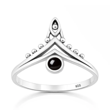 Load image into Gallery viewer, Sterling Silver Oxidized And Polished V Shape Black Agate Stone Ring