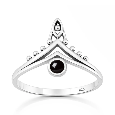 Sterling Silver Oxidized And Polished V Shape Black Agate Stone Ring