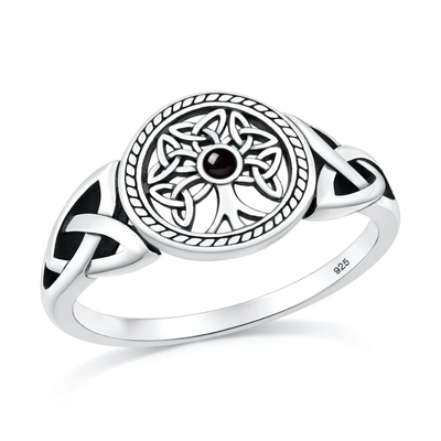 Sterling Silver Oxidized And Polished Celtric Tree Black Onyx Stone Ring
