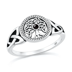 Sterling Silver Oxidized And Polished Celtric Tree Black Onyx Stone Ring