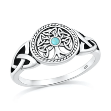 Load image into Gallery viewer, Sterling Silver Oxidized And Polished Celtric Tree Genuine Turquoise Stone Ring