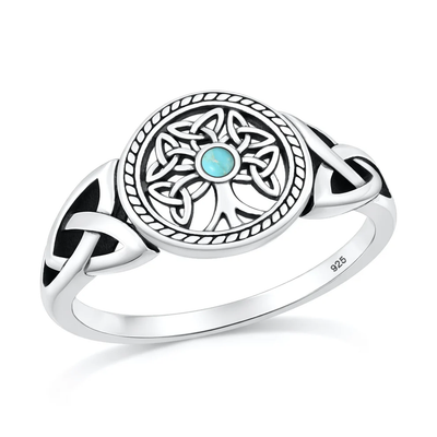 Sterling Silver Oxidized And Polished Celtric Tree Genuine Turquoise Stone Ring
