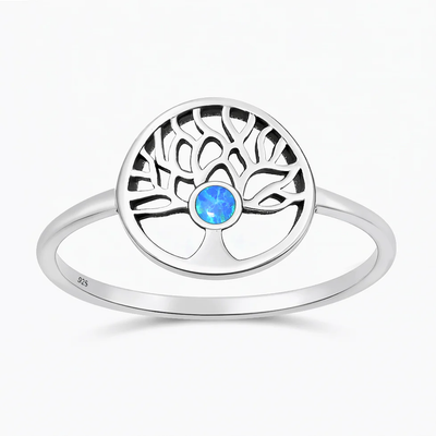 Sterling Silver Oxidized And Polished Tree Of Life Blue Lab Opal Ring