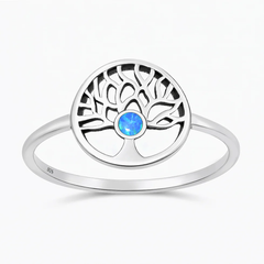 Sterling Silver Oxidized And Polished Tree Of Life Blue Lab Opal Ring