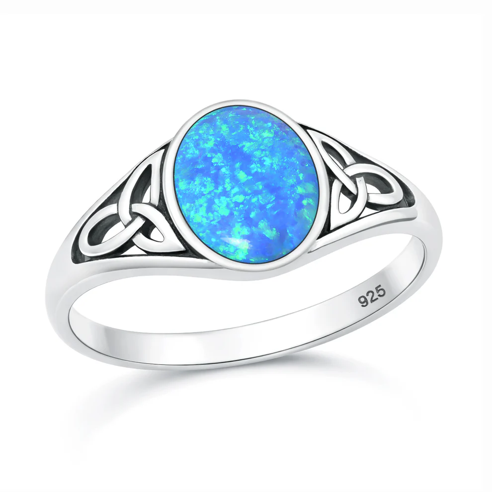 Sterling Silver Oxidized And Polished Celtic Knot Blue Lab Opal Ring