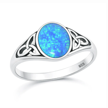 Load image into Gallery viewer, Sterling Silver Oxidized And Polished Celtic Knot Blue Lab Opal Ring